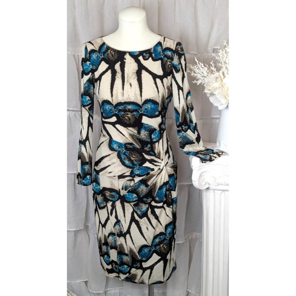 Joseph Ribkoff Abstract Artsy Twist Knot Front Long Sleeve Sheath Dress 8 - Picture 3 of 10